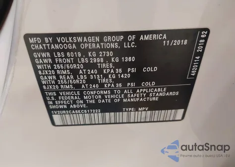 2019 Volkswagen Atlas 3.6L V6 Se W/Technology from USA, damaged, VIN 1V2UR2CA5KC517222